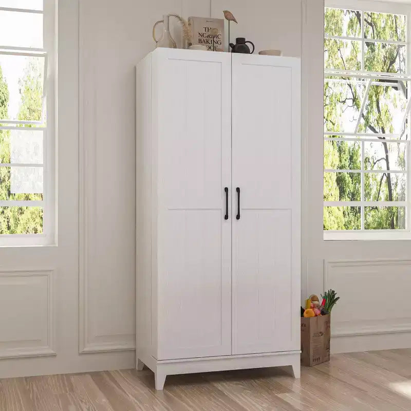 Famapy White Woodgrain Finish Kitchen Cabinets With Cup Holder Multi-Storage Space