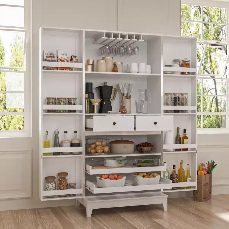 Meuble de cuisine de rangement blanc veiné avec porte-gobelets, 2 portes, 5 étagères et 2 tiroirs - Organisateur de garde-manger autoportant
