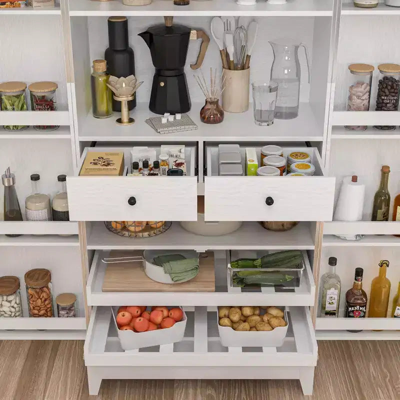 Meuble de cuisine de rangement blanc veiné avec porte-gobelets, 2 portes, 5 étagères et 2 tiroirs - Organisateur de garde-manger autoportant