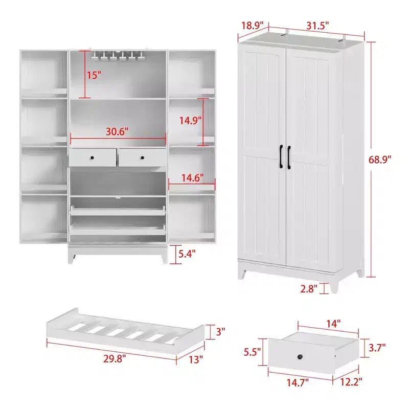 Meuble de cuisine de rangement blanc veiné avec porte-gobelets, 2 portes, 5 étagères et 2 tiroirs - Organisateur de garde-manger autoportant