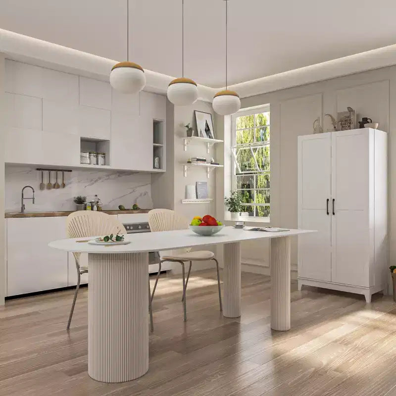 Meuble de cuisine de rangement blanc veiné avec porte-gobelets, 2 portes, 5 étagères et 2 tiroirs - Organisateur de garde-manger autoportant