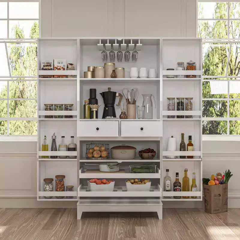 Meuble de cuisine de rangement blanc veiné avec porte-gobelets, 2 portes, 5 étagères et 2 tiroirs - Organisateur de garde-manger autoportant