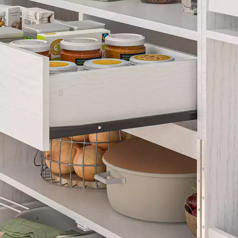 Meuble de cuisine de rangement blanc veiné avec porte-gobelets, 2 portes, 5 étagères et 2 tiroirs - Organisateur de garde-manger autoportant