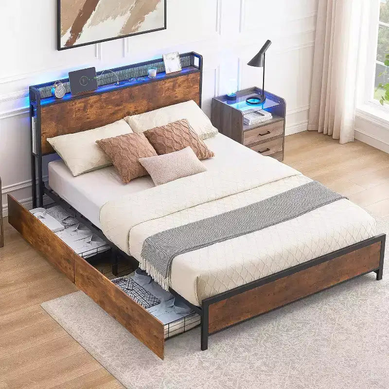 Cadre de lit double avec tête de lit et 4 tiroirs, lumières LED, station de charge USB et Type-C - Lit plateforme, aucun sommier tapissier requis, marron