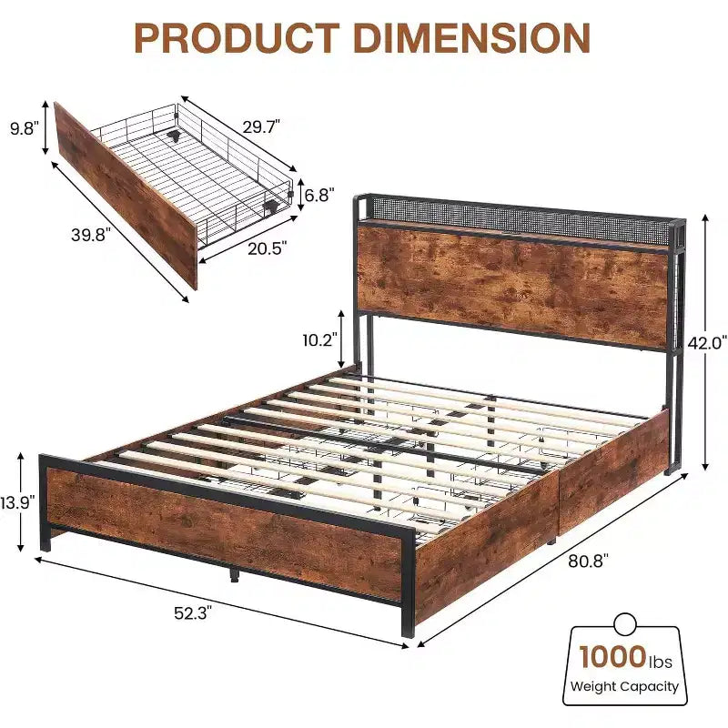 Cadre de lit double avec tête de lit et 4 tiroirs, lumières LED, station de charge USB et Type-C - Lit plateforme, aucun sommier tapissier requis, marron