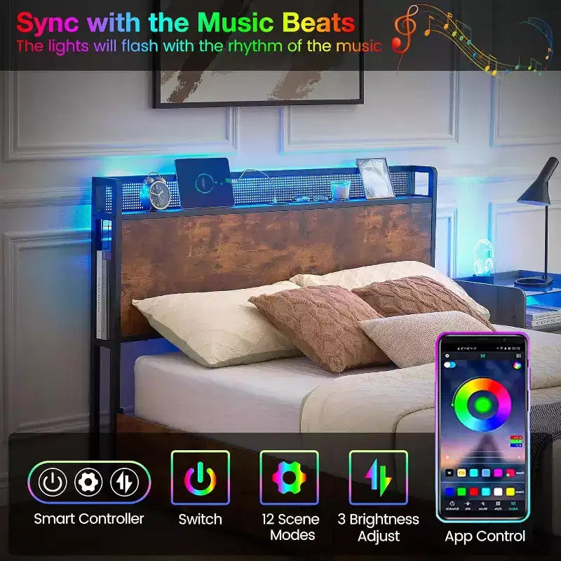 Cadre de lit double avec tête de lit et 4 tiroirs, lumières LED, station de charge USB et Type-C - Lit plateforme, aucun sommier tapissier requis, marron