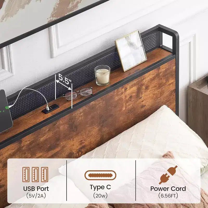 Cadre de lit double avec tête de lit et 4 tiroirs, lumières LED, station de charge USB et Type-C - Lit plateforme, aucun sommier tapissier requis, marron