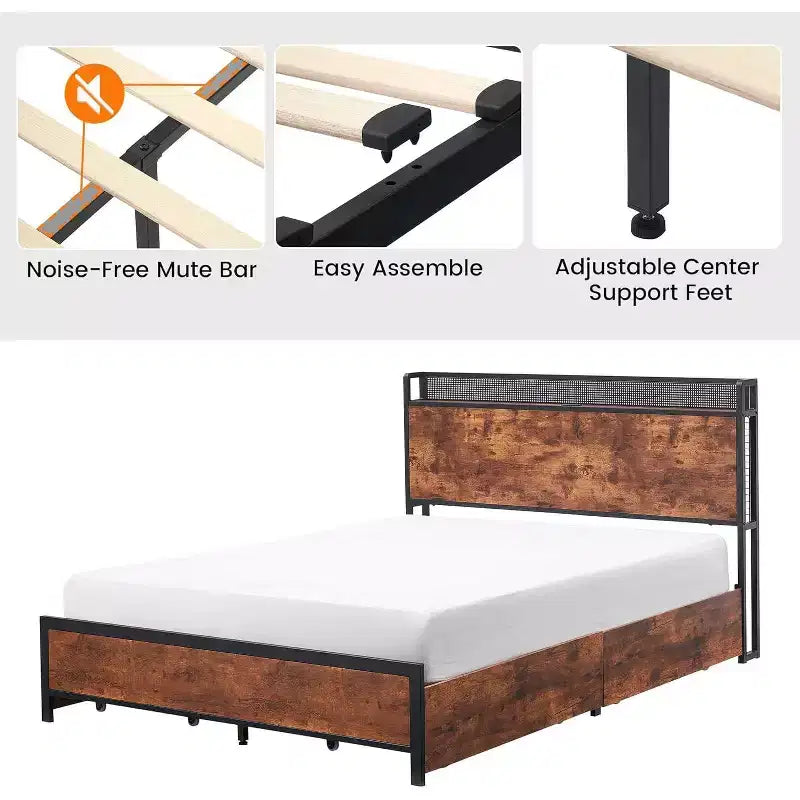 Cadre de lit double avec tête de lit et 4 tiroirs, lumières LED, station de charge USB et Type-C - Lit plateforme, aucun sommier tapissier requis, marron