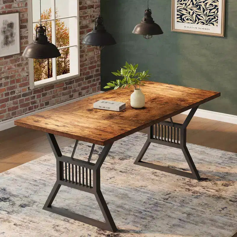 Table à manger de 180 cm pour 6-8 personnes, table avec structure métallique robuste, table de salle à manger de style ferme pour le salon