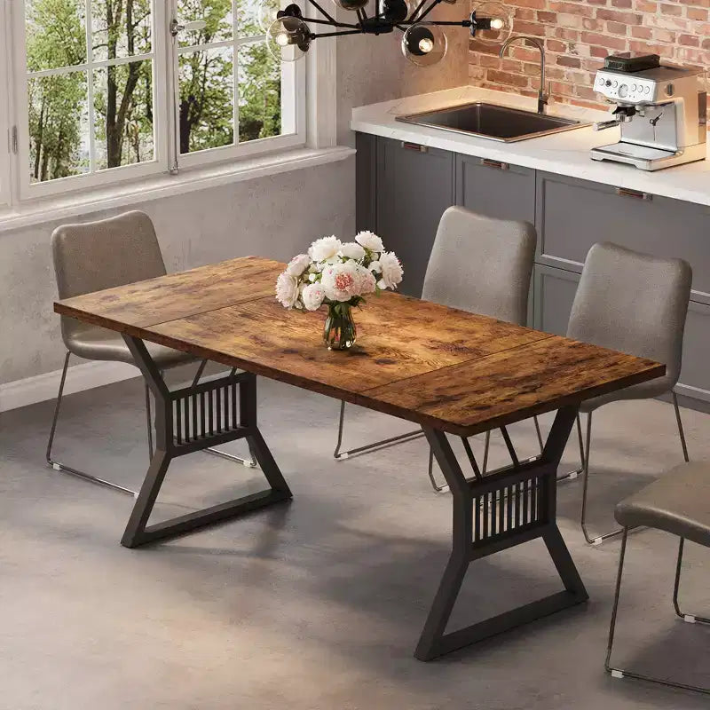 Table à manger de 180 cm pour 6-8 personnes, table avec structure métallique robuste, table de salle à manger de style ferme pour le salon