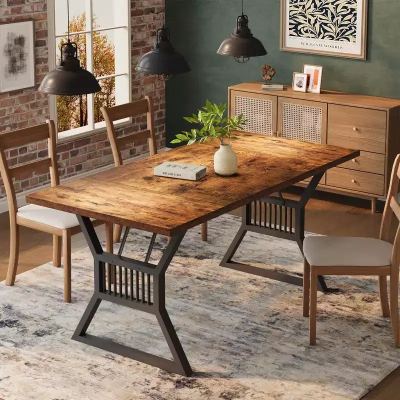 Table à manger de 180 cm pour 6-8 personnes, table avec structure métallique robuste, table de salle à manger de style ferme pour le salon