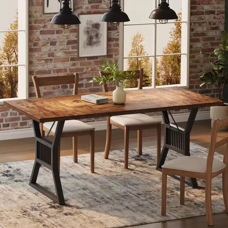 Table à manger de 180 cm pour 6-8 personnes, table avec structure métallique robuste, table de salle à manger de style ferme pour le salon