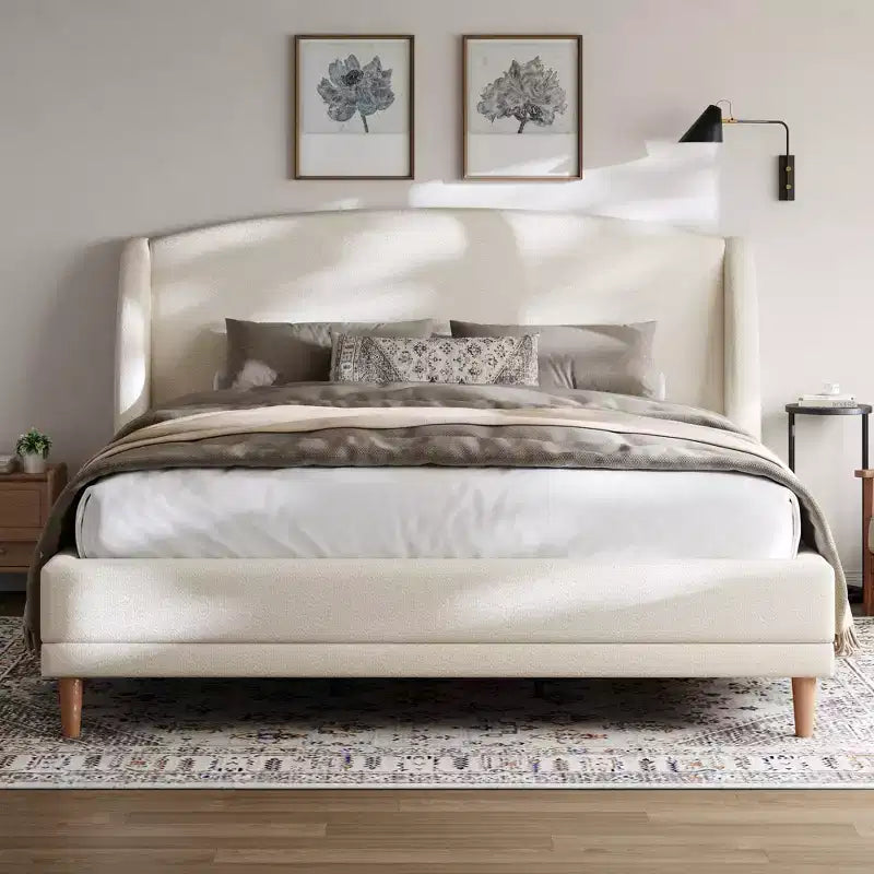 Christopher Knight Home Nicky Boucle Upholstered Platform Bed with Wingback Headboard, White