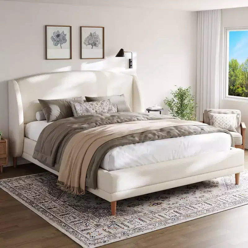 Cadre de lit plateforme capitonné en tissu bouclette blanc avec tête de lit haute – Mobilier de chambre moderne, pas besoin de sommier tapissier