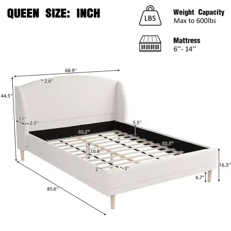 Cadre de lit plateforme capitonné en tissu bouclette blanc avec tête de lit haute – Mobilier de chambre moderne, pas besoin de sommier tapissier