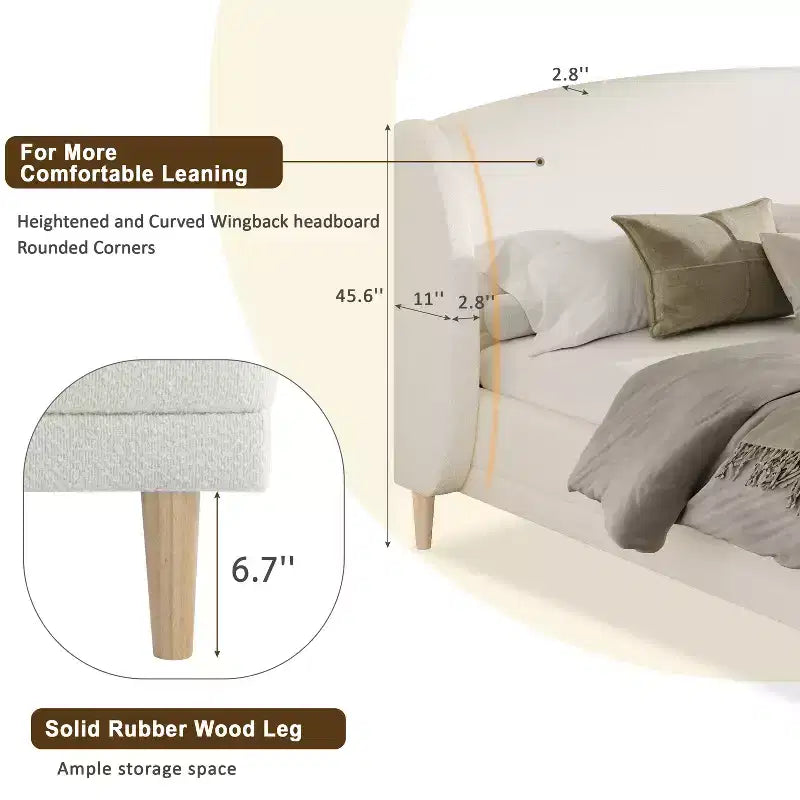 Cadre de lit plateforme capitonné en tissu bouclette blanc avec tête de lit haute – Mobilier de chambre moderne, pas besoin de sommier tapissier