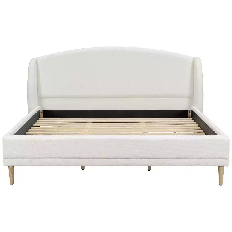 Cadre de lit plateforme capitonné en tissu bouclette blanc avec tête de lit haute – Mobilier de chambre moderne, pas besoin de sommier tapissier