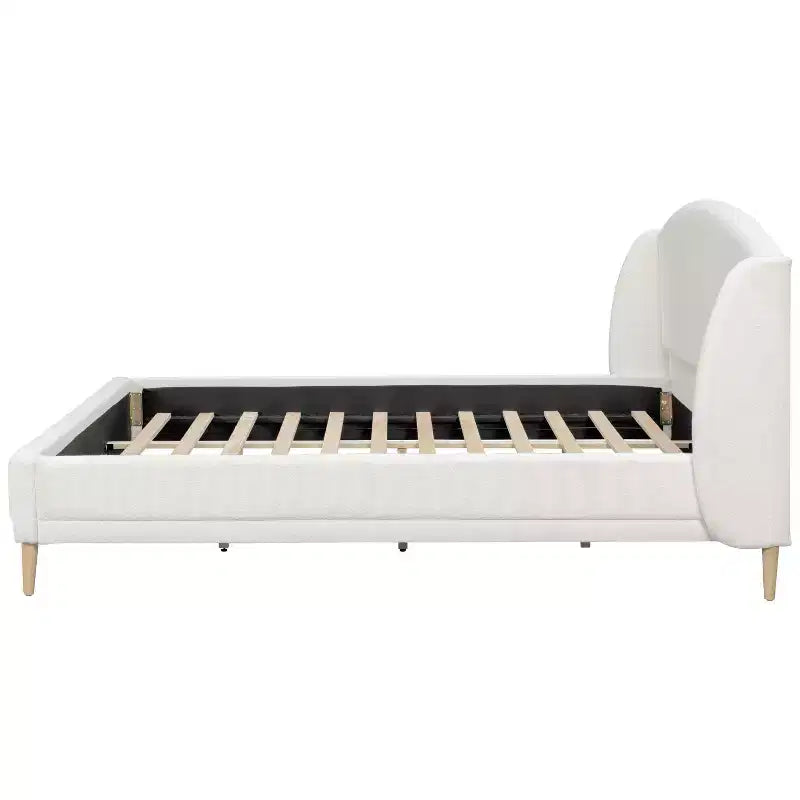 Cadre de lit plateforme capitonné en tissu bouclette blanc avec tête de lit haute – Mobilier de chambre moderne, pas besoin de sommier tapissier
