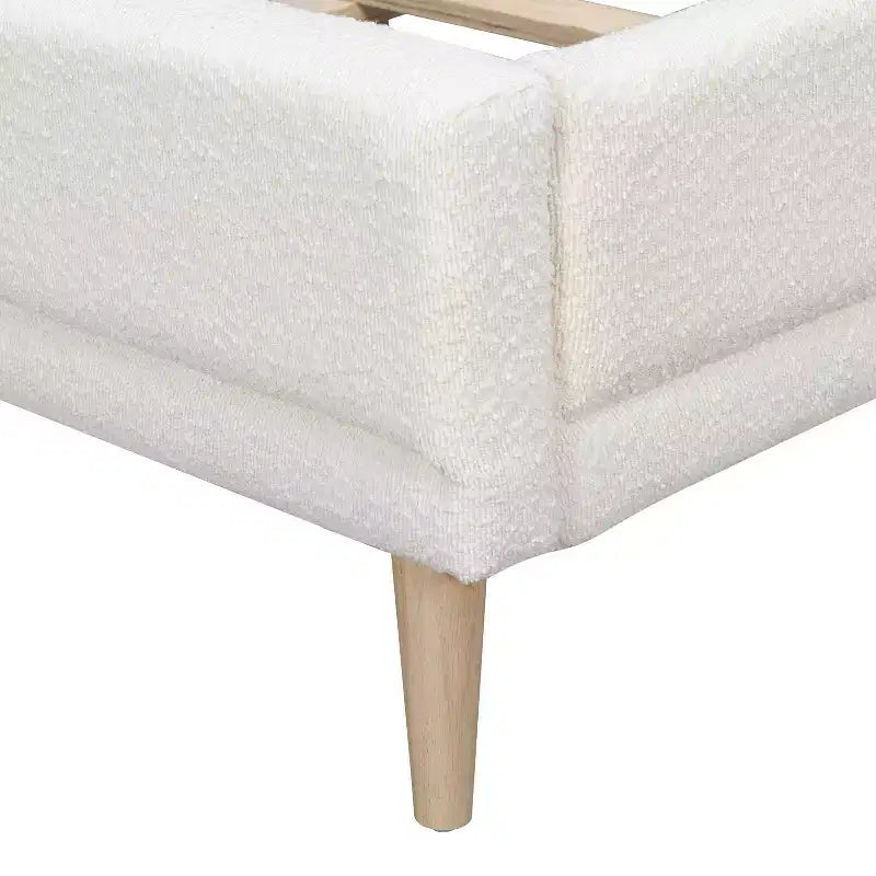 Cadre de lit plateforme capitonné en tissu bouclette blanc avec tête de lit haute – Mobilier de chambre moderne, pas besoin de sommier tapissier