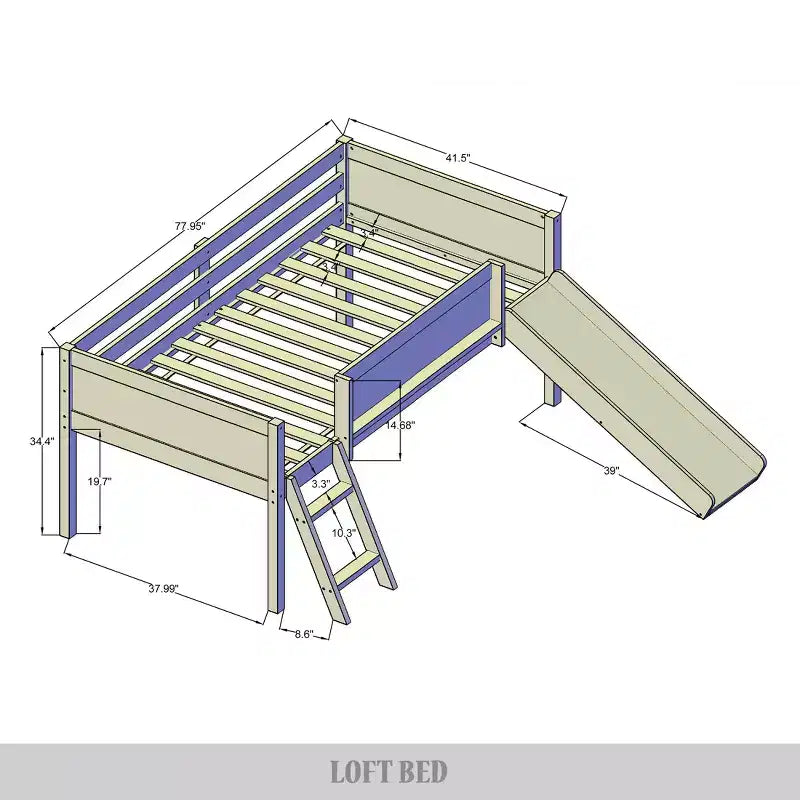 Lit mezzanine simple en bois avec cadre et échelle pour enfants et adolescents
