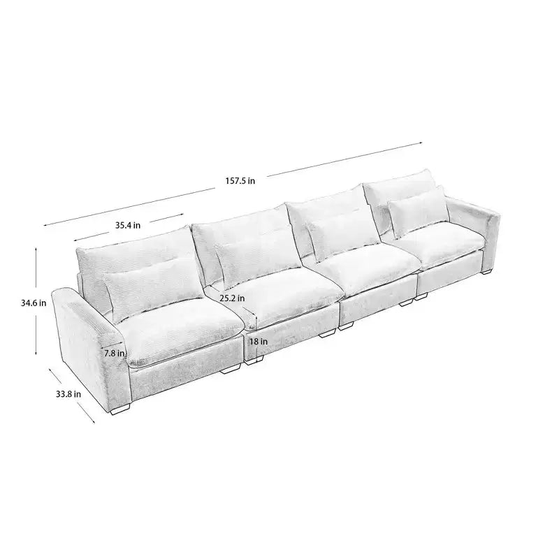 Canapé 4 places en velours côtelé profond avec 4 coussins lombaires – Canapé moderne et confortable pour salon