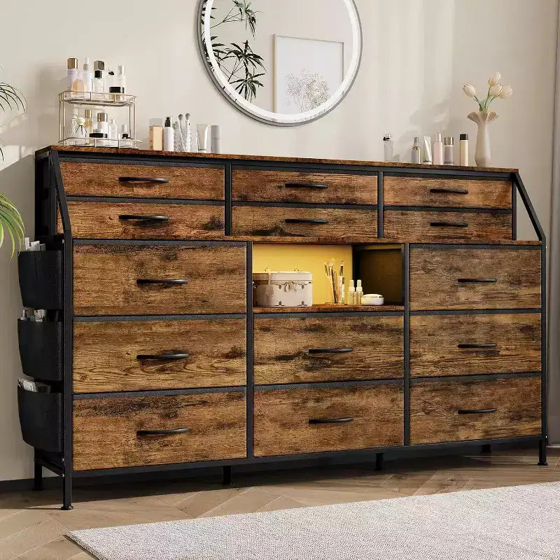 Commode de chambre avec 14 tiroirs, commode de 55" de large avec poche latérale, commodes et chiffonniers avec