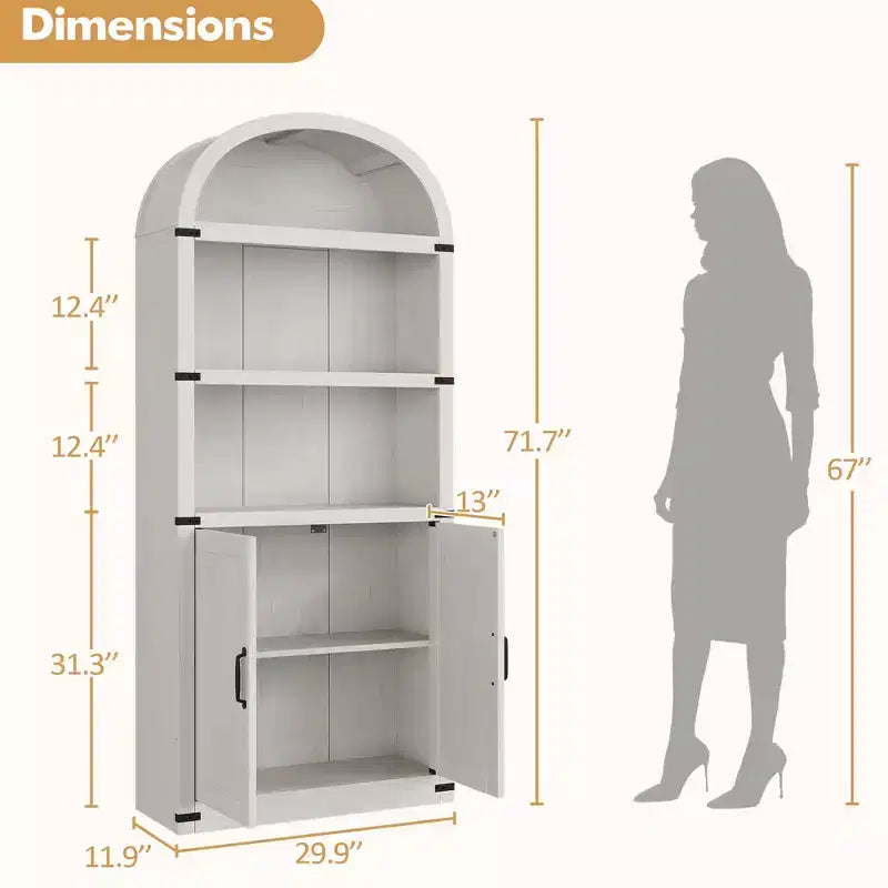 Bibliothèque-vitrine arche de style rustique de 71,65 po avec portes - Armoire de rangement en bois haute pour le bureau à domicile et le salon