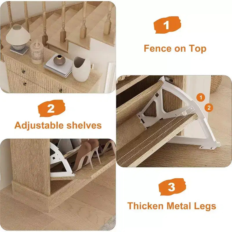 Meuble à chaussures étroit et haut de 42 cm, 2 tiroirs basculants et tiroir supérieur, profil incurvé, organisateur en bois pour entrée