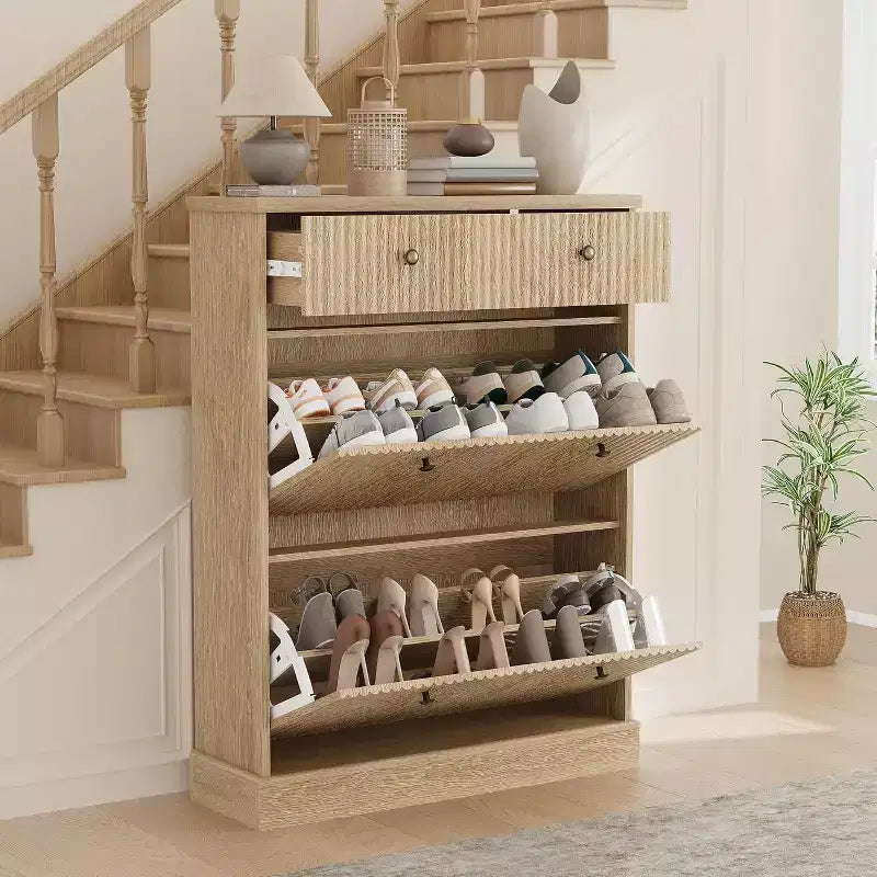 Meuble à chaussures étroit et haut de 42 cm, 2 tiroirs basculants et tiroir supérieur, profil incurvé, organisateur en bois pour entrée