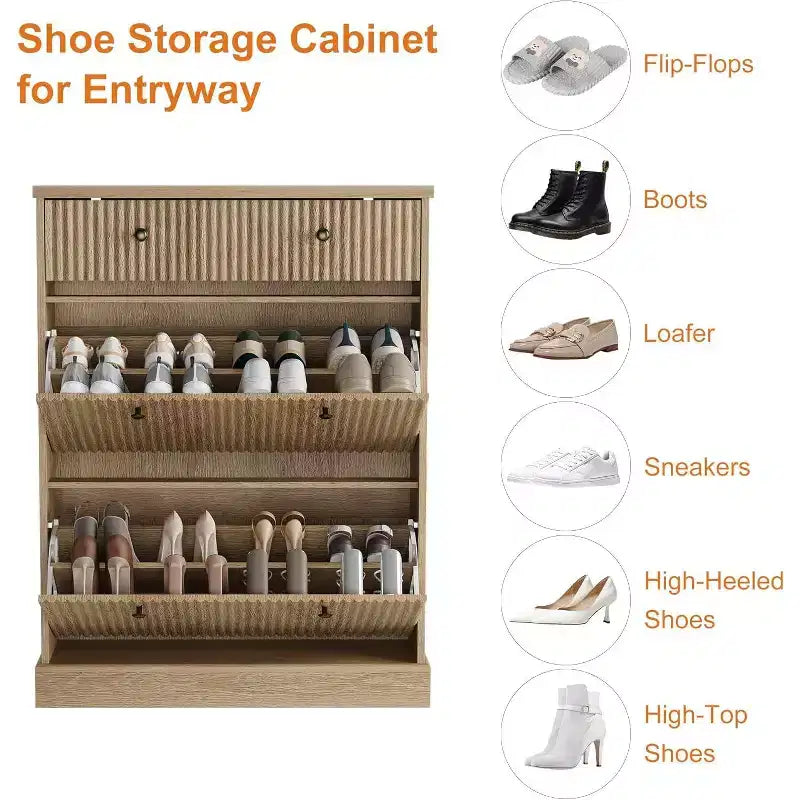 Meuble à chaussures étroit et haut de 42 cm, 2 tiroirs basculants et tiroir supérieur, profil incurvé, organisateur en bois pour entrée