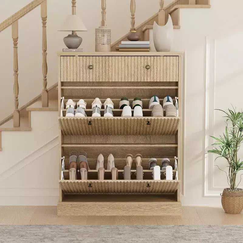 Meuble à chaussures étroit et haut de 42 cm, 2 tiroirs basculants et tiroir supérieur, profil incurvé, organisateur en bois pour entrée