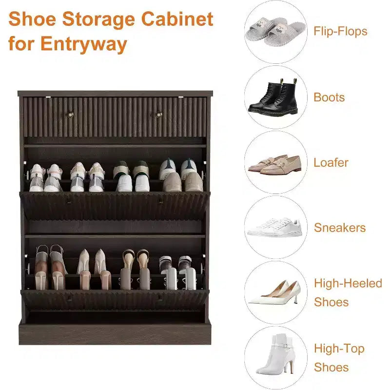 Meuble à chaussures étroit et haut de 42 cm, 2 tiroirs basculants et tiroir supérieur, profil incurvé, organisateur en bois pour entrée