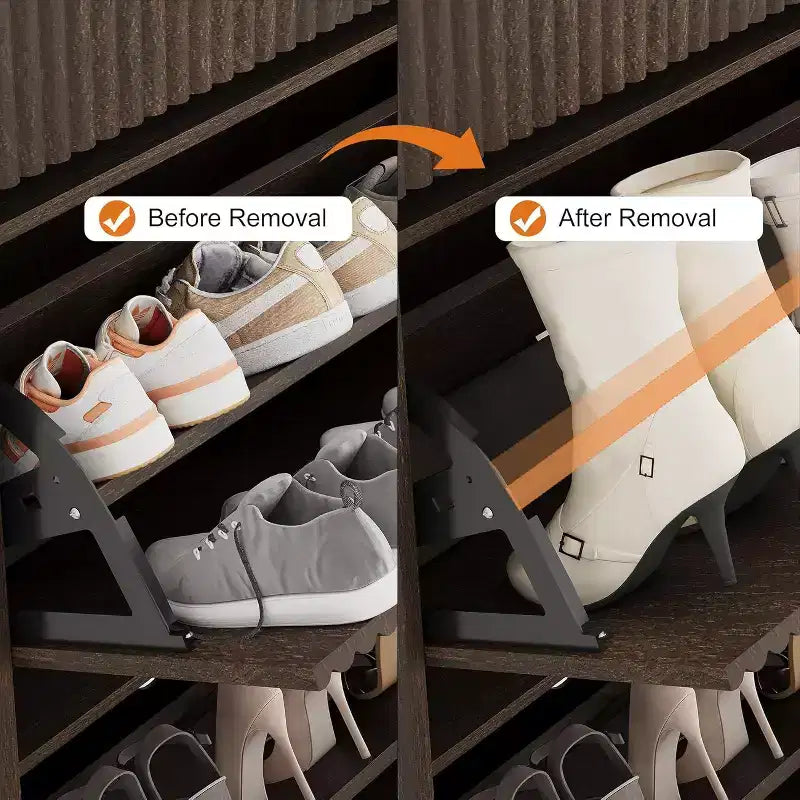 Meuble à chaussures étroit et haut de 42 cm, 2 tiroirs basculants et tiroir supérieur, profil incurvé, organisateur en bois pour entrée