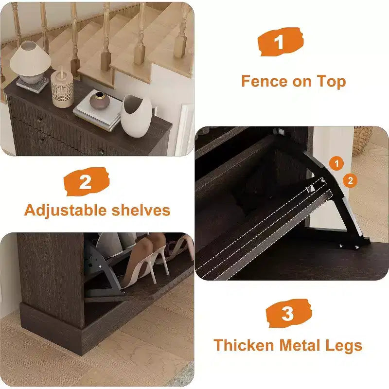 Meuble à chaussures étroit et haut de 42 cm, 2 tiroirs basculants et tiroir supérieur, profil incurvé, organisateur en bois pour entrée