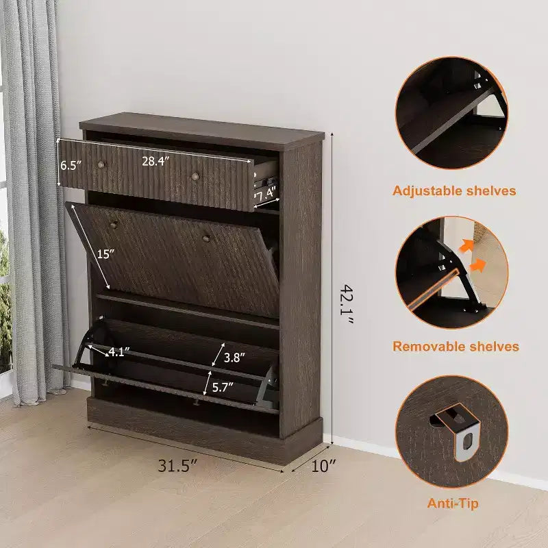 Meuble à chaussures étroit et haut de 42 cm, 2 tiroirs basculants et tiroir supérieur, profil incurvé, organisateur en bois pour entrée