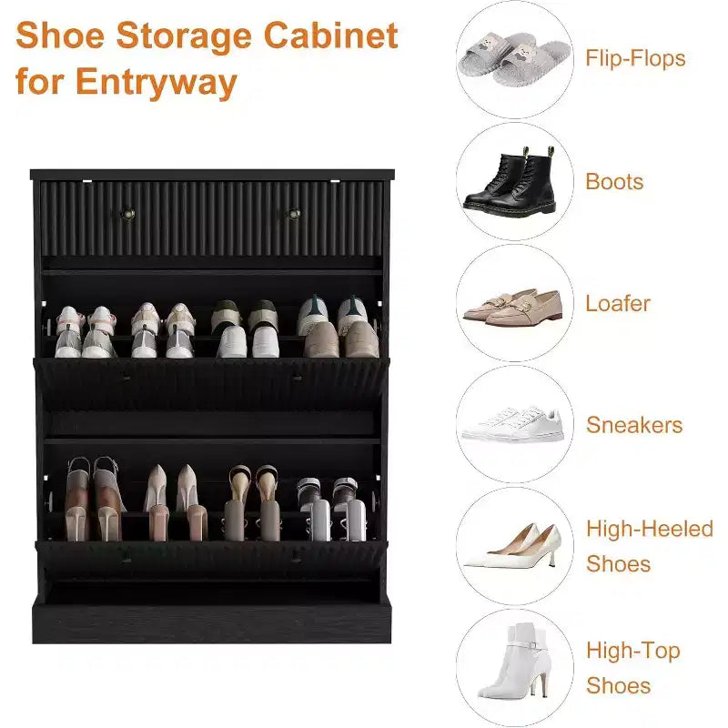 Meuble à chaussures étroit et haut de 42 cm, 2 tiroirs basculants et tiroir supérieur, profil incurvé, organisateur en bois pour entrée