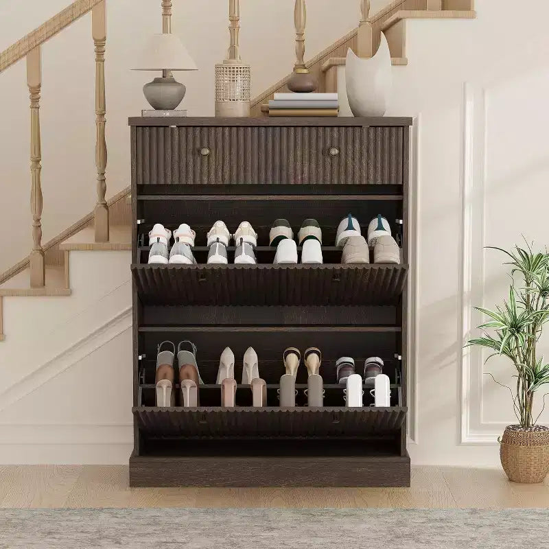 Meuble à chaussures étroit et haut de 42 cm, 2 tiroirs basculants et tiroir supérieur, profil incurvé, organisateur en bois pour entrée