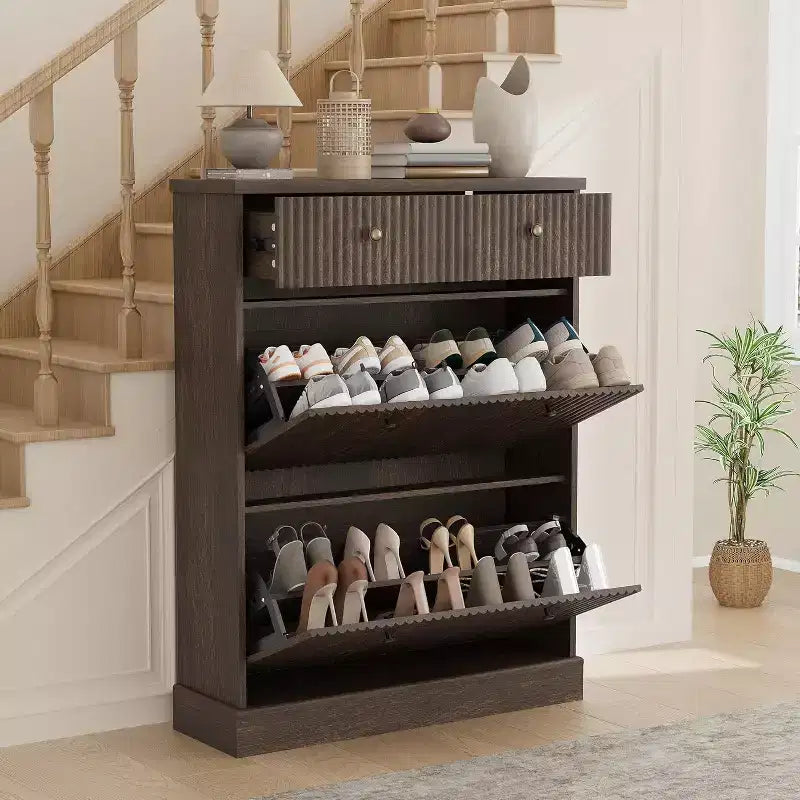 Meuble à chaussures étroit et haut de 42 cm, 2 tiroirs basculants et tiroir supérieur, profil incurvé, organisateur en bois pour entrée
