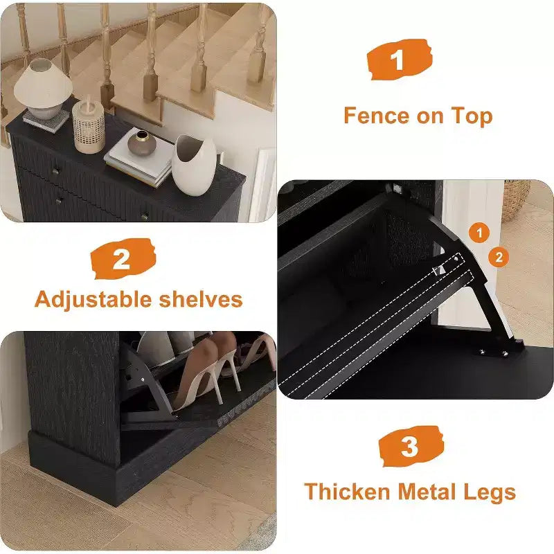 Meuble à chaussures étroit et haut de 42 cm, 2 tiroirs basculants et tiroir supérieur, profil incurvé, organisateur en bois pour entrée