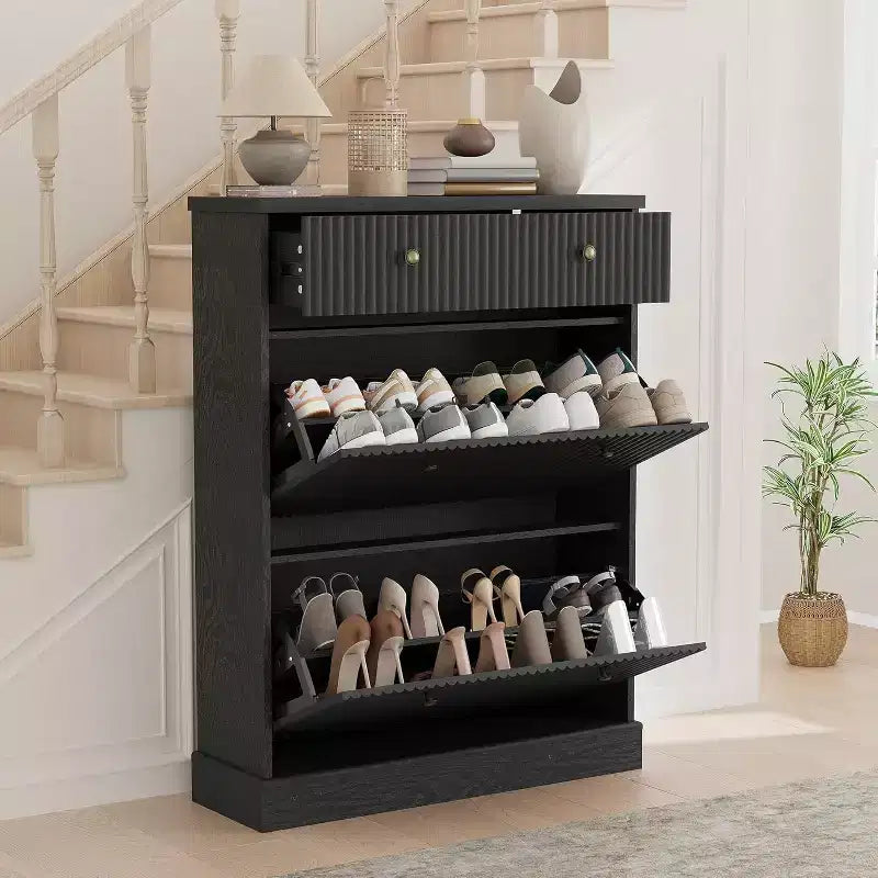 Meuble à chaussures étroit et haut de 42 cm, 2 tiroirs basculants et tiroir supérieur, profil incurvé, organisateur en bois pour entrée