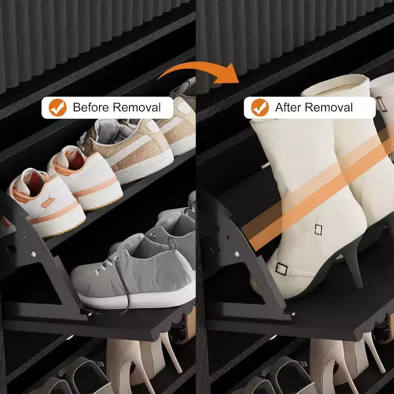 Meuble à chaussures étroit et haut de 42 cm, 2 tiroirs basculants et tiroir supérieur, profil incurvé, organisateur en bois pour entrée