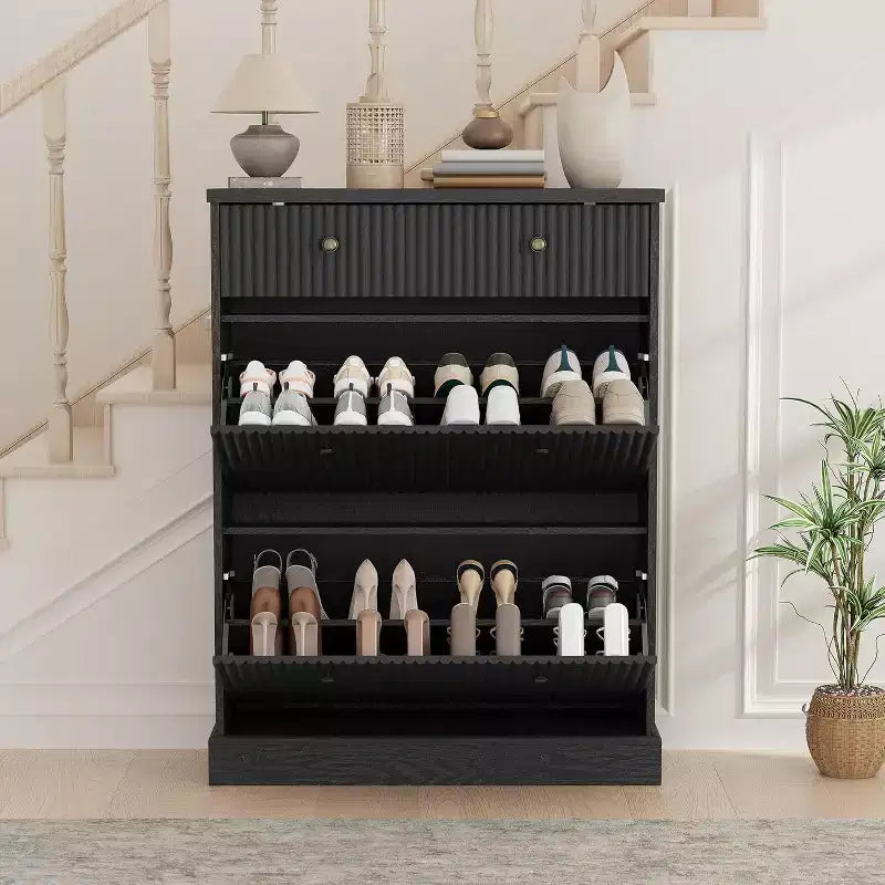 Meuble à chaussures étroit et haut de 42 cm, 2 tiroirs basculants et tiroir supérieur, profil incurvé, organisateur en bois pour entrée