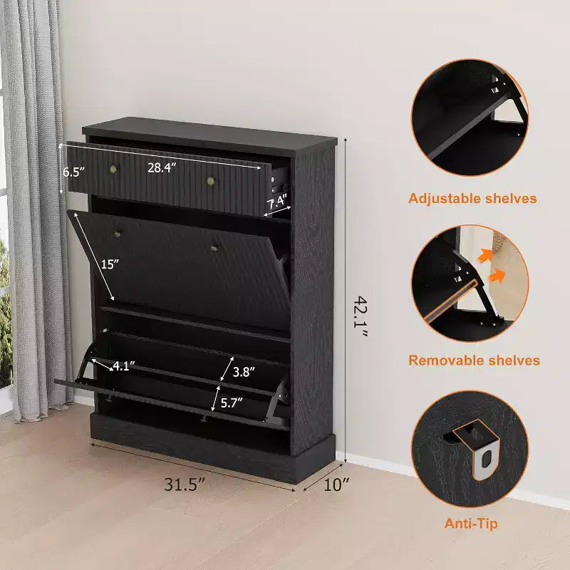 Meuble à chaussures étroit et haut de 42 cm, 2 tiroirs basculants et tiroir supérieur, profil incurvé, organisateur en bois pour entrée