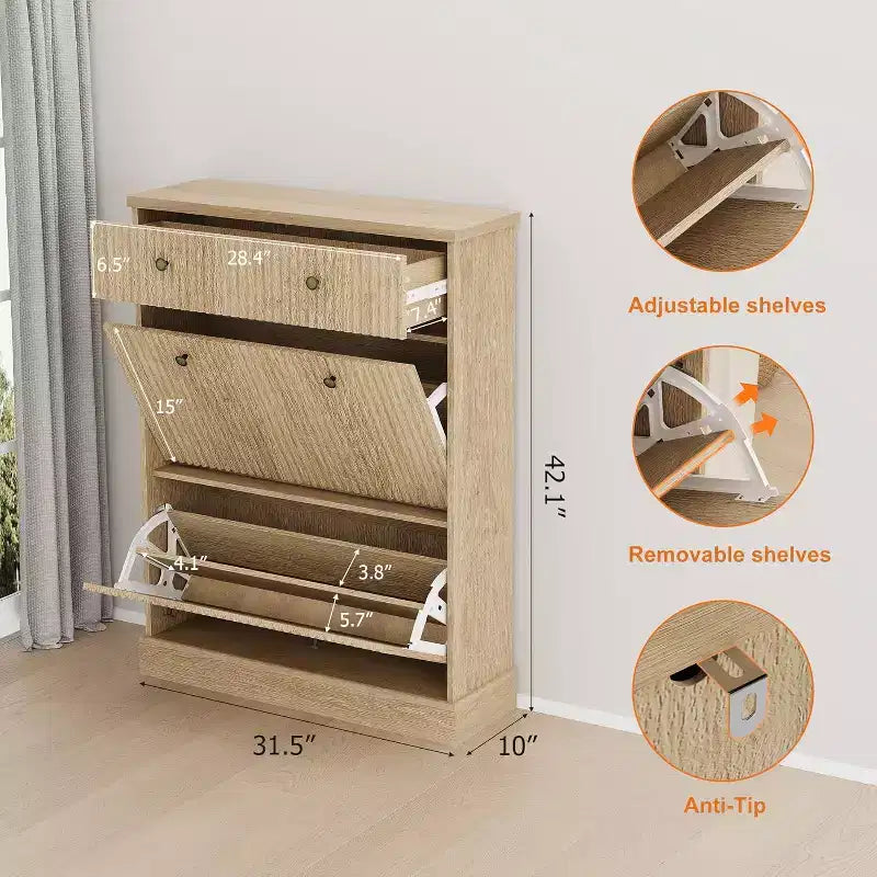 Meuble à chaussures étroit et haut de 42 cm, 2 tiroirs basculants et tiroir supérieur, profil incurvé, organisateur en bois pour entrée