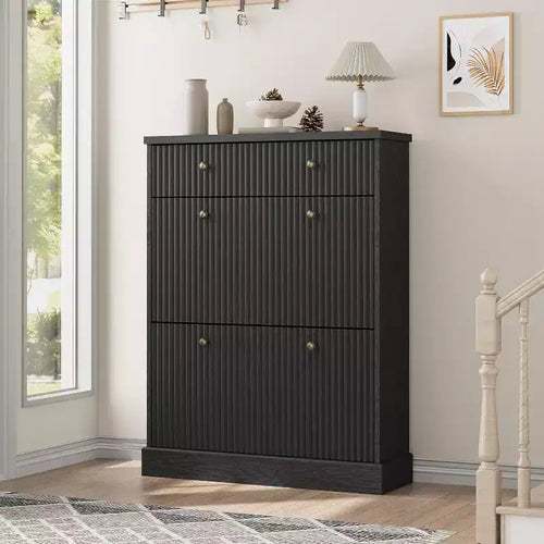 42 Tall Narrow Fluted Shoe Cabinet, 2 Flip Drawers and Top Drawer, Curved Profile, Wooden Organizer for Entryway, Hallway