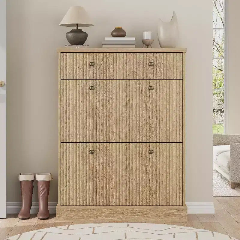 Meuble à chaussures étroit et haut de 42 cm, 2 tiroirs basculants et tiroir supérieur, profil incurvé, organisateur en bois pour entrée