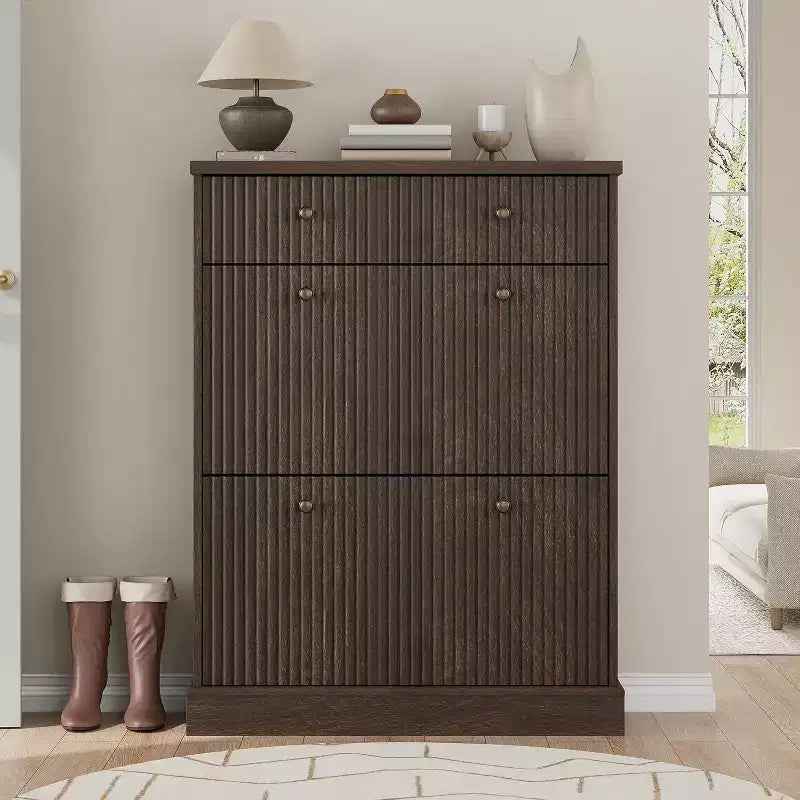 Meuble à chaussures étroit et haut de 42 cm, 2 tiroirs basculants et tiroir supérieur, profil incurvé, organisateur en bois pour entrée