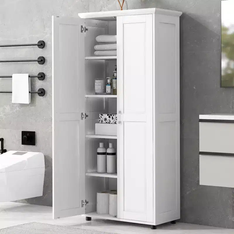 Meuble de rangement haut sur pied avec 2 portes et 5 compartiments réglables - Organisateur fin pour salon, chambre à coucher, couloir