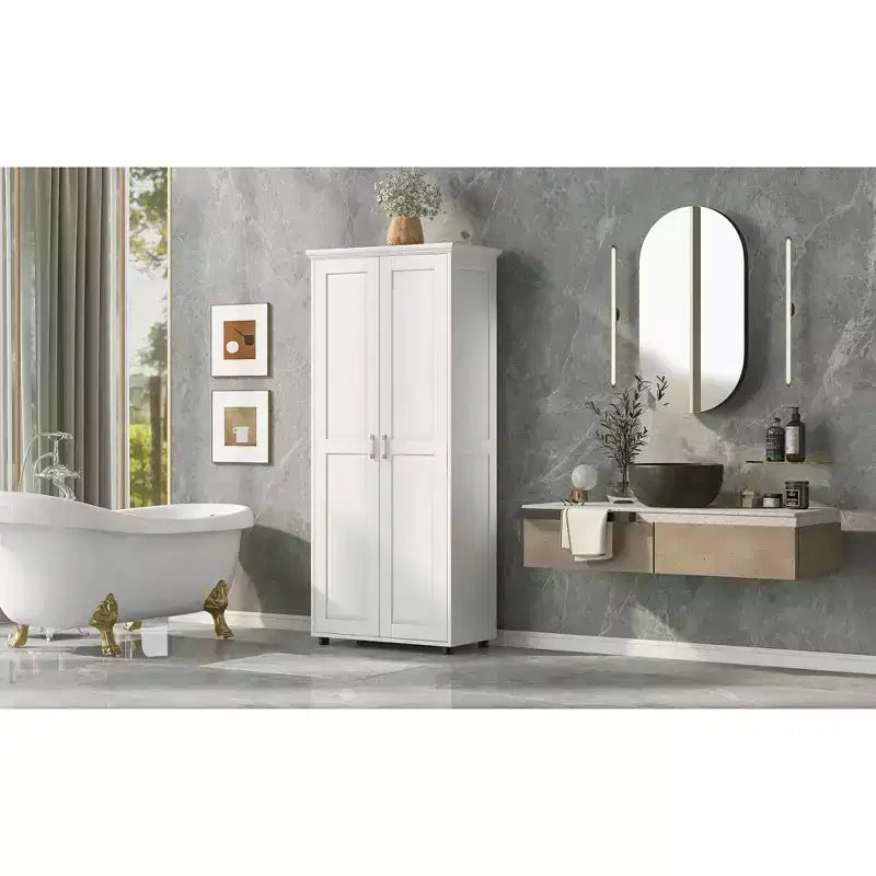 Meuble de rangement haut sur pied avec 2 portes et 5 compartiments réglables - Organisateur fin pour salon, chambre à coucher, couloir