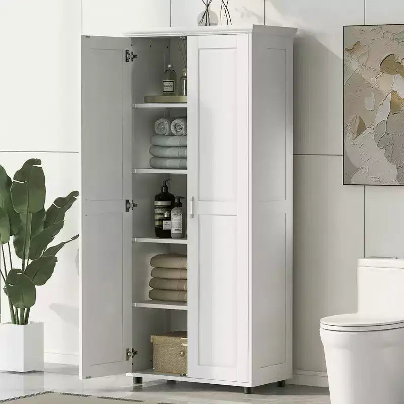 Meuble de rangement haut sur pied avec 2 portes et 5 compartiments réglables - Organisateur fin pour salon, chambre à coucher, couloir